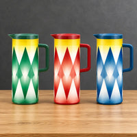 Three one-liter iron-shell thermos bottles with green, red, and blue gradient geometric prints, fitted lids, and side handles