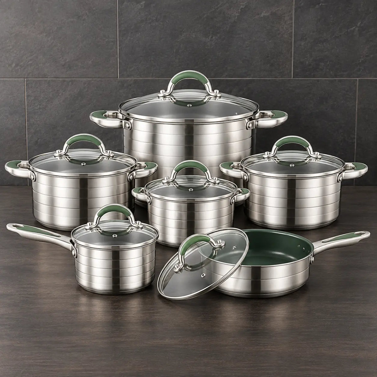 green-accent 201 stainless steel cookware set with glass lids and double bottoms