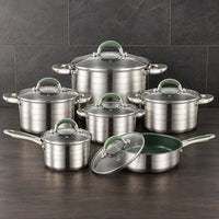 green-accent 201 stainless steel cookware set with glass lids and double bottoms