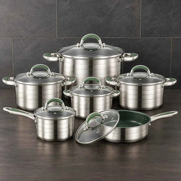 Green-Handle 12-Piece Double-Bottom Stainless Steel Cookware Set