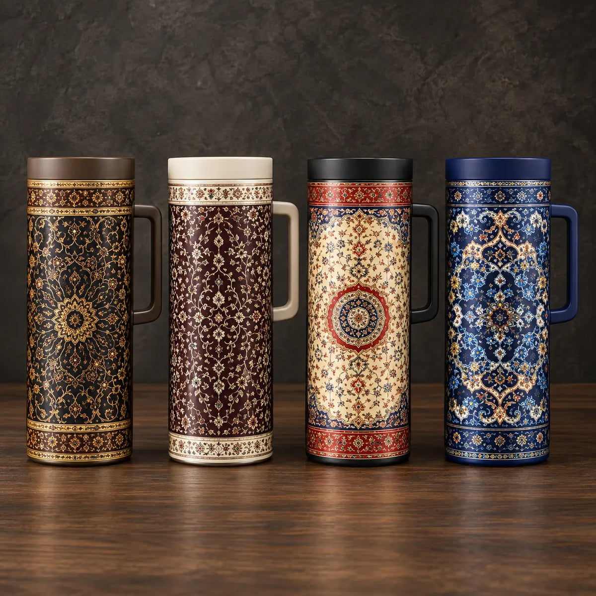 Four one-liter iron-shell thermos bottles with ornate heritage patterns, fitted lids, and side handles
