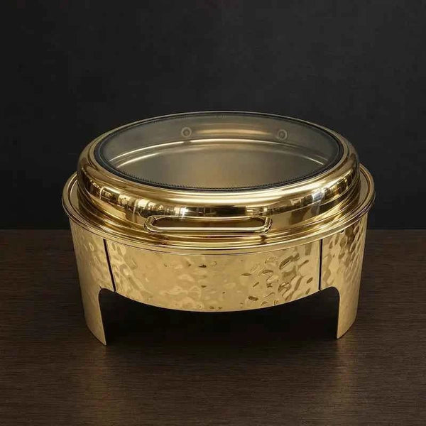 Round 6.8L Gold-Finish Chafing Dish with Windowed Lid - HUFA Kitchenware