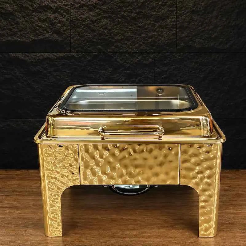 6.8L Square Gold-Finish Buffet Chafer with Viewing Window - HUFA Kitchenware