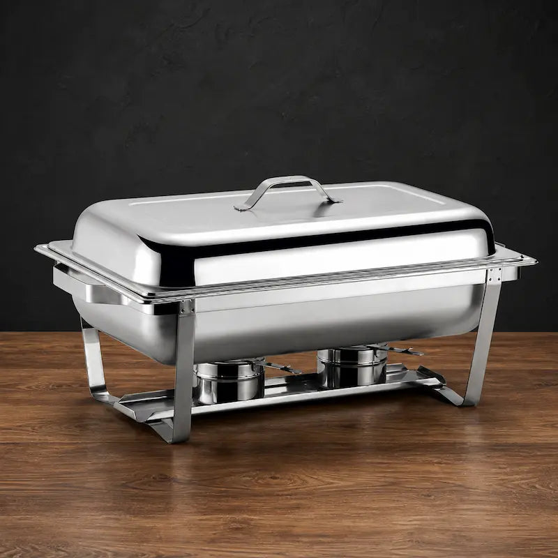 Low-Profile Silver Foldable Buffet Chafer with 9L or Dual 4L Pan Layouts