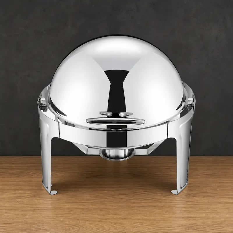 Round Silver 6.8L Roll-Top Chafing Dish with Solid Full-Flip Dome Lid