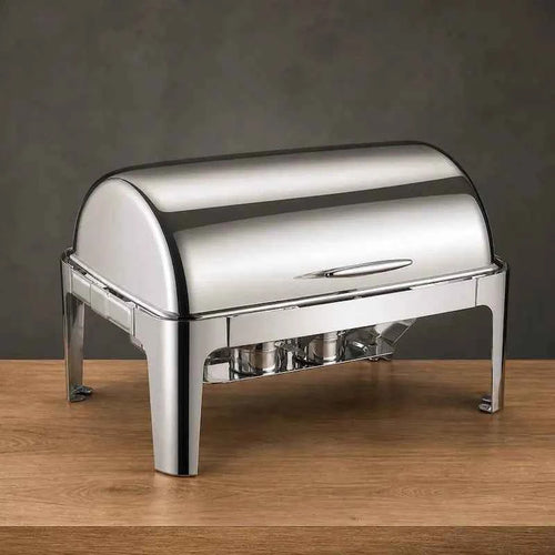 Commercial 11L Silver Rectangular Chafer with Solid Roll-Top Lid