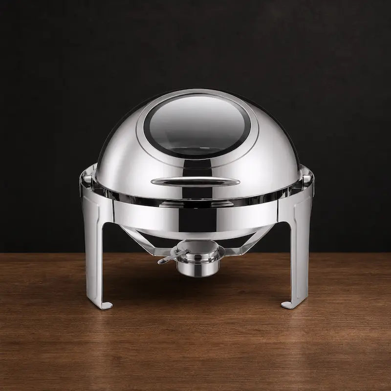 Polished Silver 6.8L Round Roll-Top Chafing Dish with Clear Viewing Window