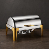 Two-Tone Silver and Gold 11L Rectangular Roll-Top Chafer with Solid Lid