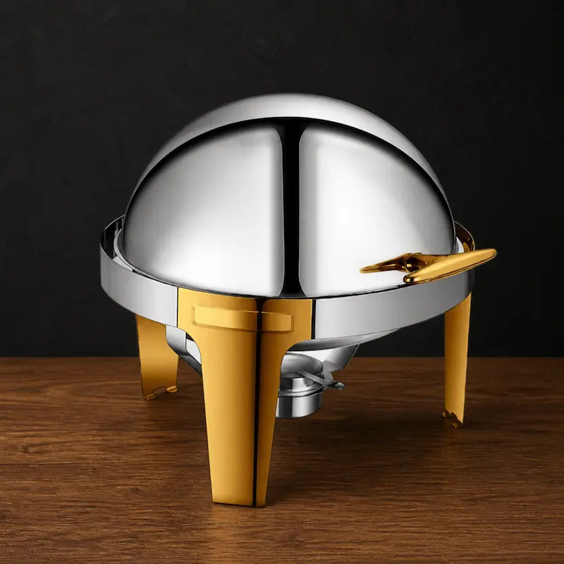 Two-Tone Silver and Gold 6.8L Round Roll-Top Chafer with Solid Dome Lid