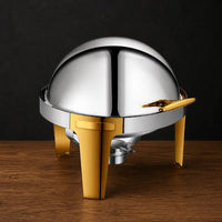 Two-Tone Silver and Gold 6.8L Round Roll-Top Chafer with Solid Dome Lid