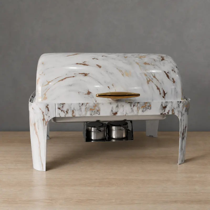 Wood-Grain or Marble-Grain Rectangular Solid-Lid Chafer with Three Pan Layouts