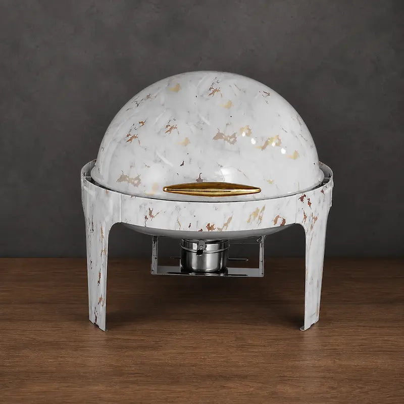 Wood-Grain or Marble-Grain Round Roll-Top Chafer with Single or Dual Pans