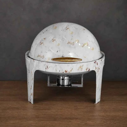 Decorative Wood or Marble Round Chafer with Two Pan Layouts