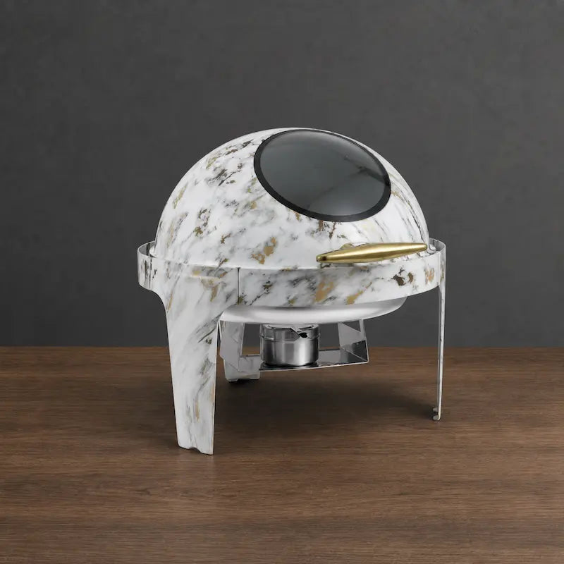 Wood-Grain or Marble-Grain Round Viewing-Lid Chafer with Two Pan Layouts