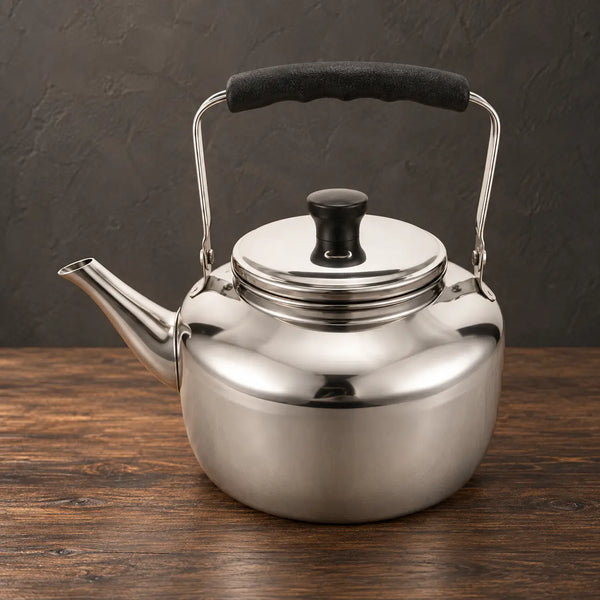 Silver Lily Style A teapot with a black handle grip, black lid knob and curved spout