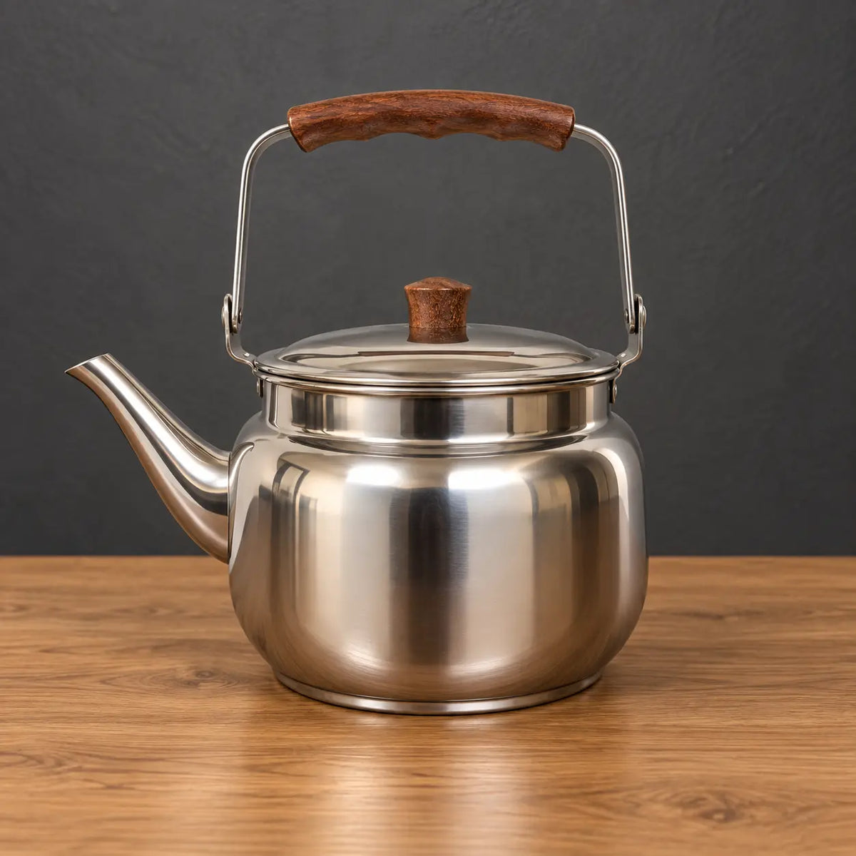 Silver Lily Style B teapot with a wooden handle grip, wooden lid knob and curved spout