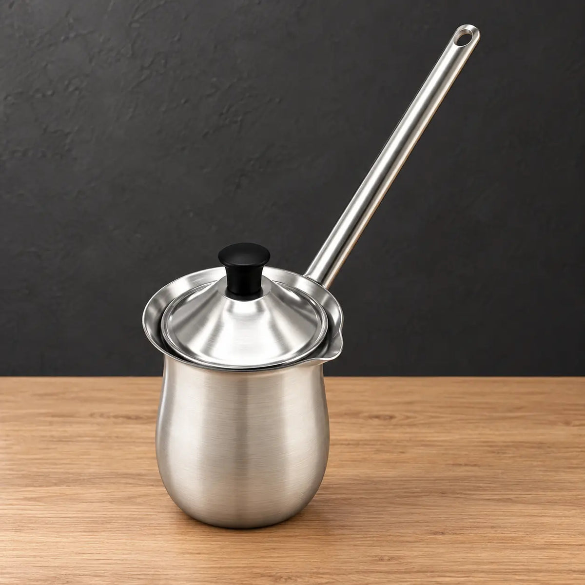 Stainless steel coffee and milk cup with long handle and fitted lid