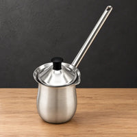 Stainless steel coffee and milk cup with long handle and fitted lid