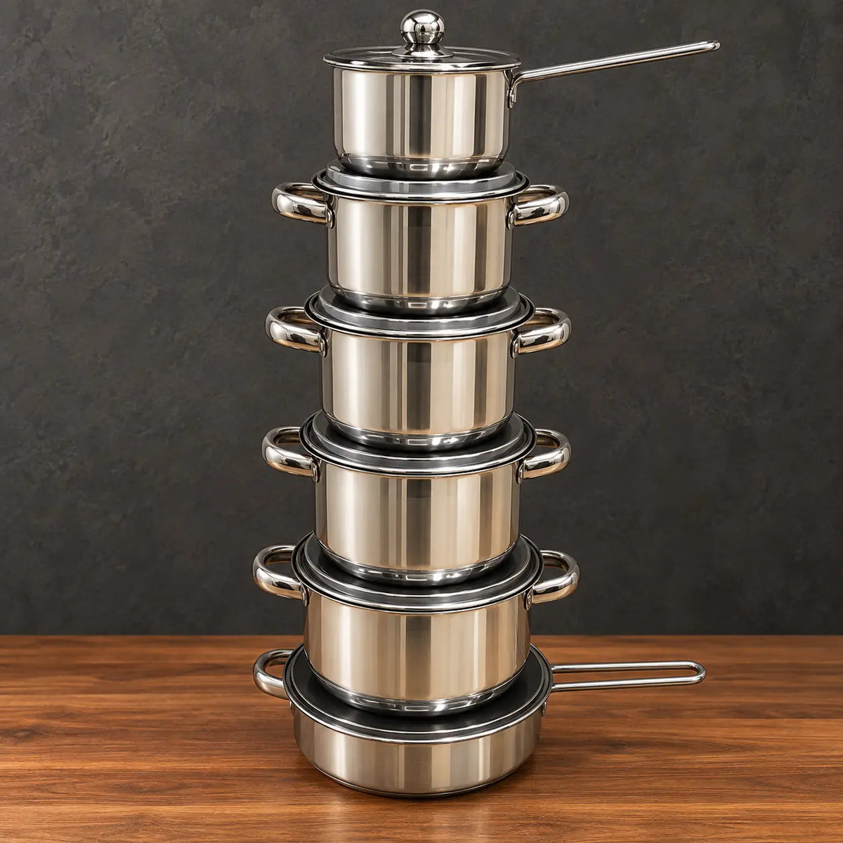 12-piece 201 stainless steel cookware set with 18 cm milk pot and 28 cm frying pan