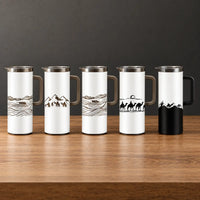One-liter plastic-shell thermos bottles with minimal black line-art graphics, fitted lids, and side handles