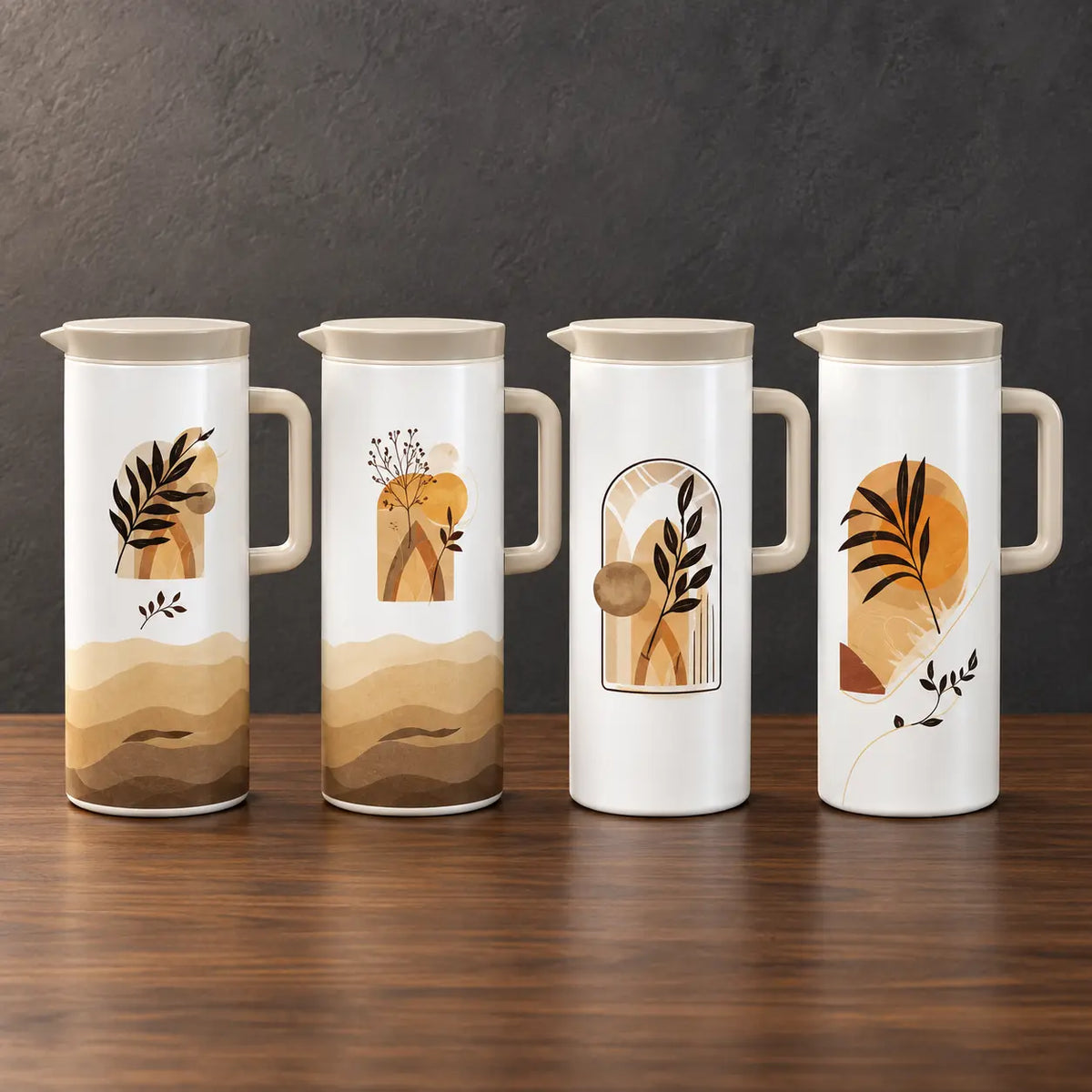 Four one-liter thermos bottles with modern botanical prints, fitted lids, and side handles