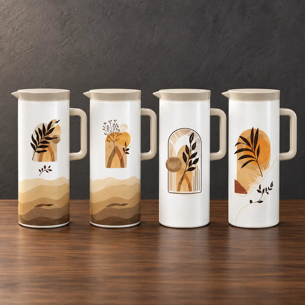 Four one-liter thermos bottles with modern botanical prints, fitted lids, and side handles