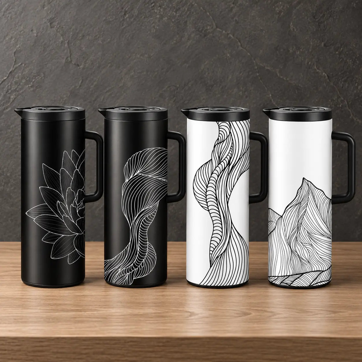 Four one-liter iron-shell thermos bottles with monochrome botanical and abstract line art, fitted lids, and side handles