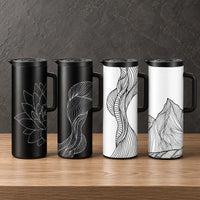 Four one-liter iron-shell thermos bottles with monochrome botanical and abstract line art, fitted lids, and side handles