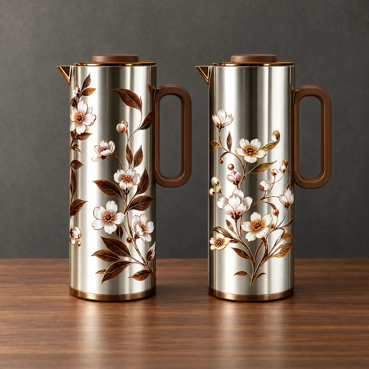 Four one-liter iron-shell thermos bottles with multicolor ornamental prints, fitted lids, and side handles