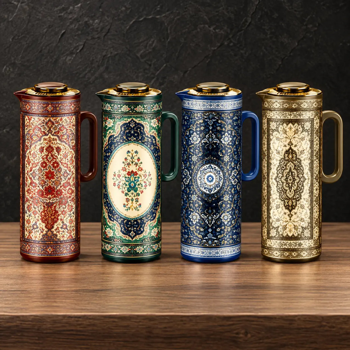 Four one-liter iron-shell thermos bottles with ornate medallion prints, gold-tone lids, and side handles