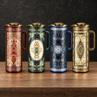 Four one-liter iron-shell thermos bottles with ornate medallion prints, gold-tone lids, and side handles