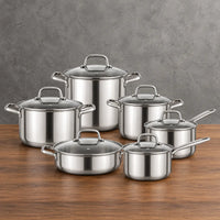 polished 201 stainless steel cookware set with glass lids and six vessels