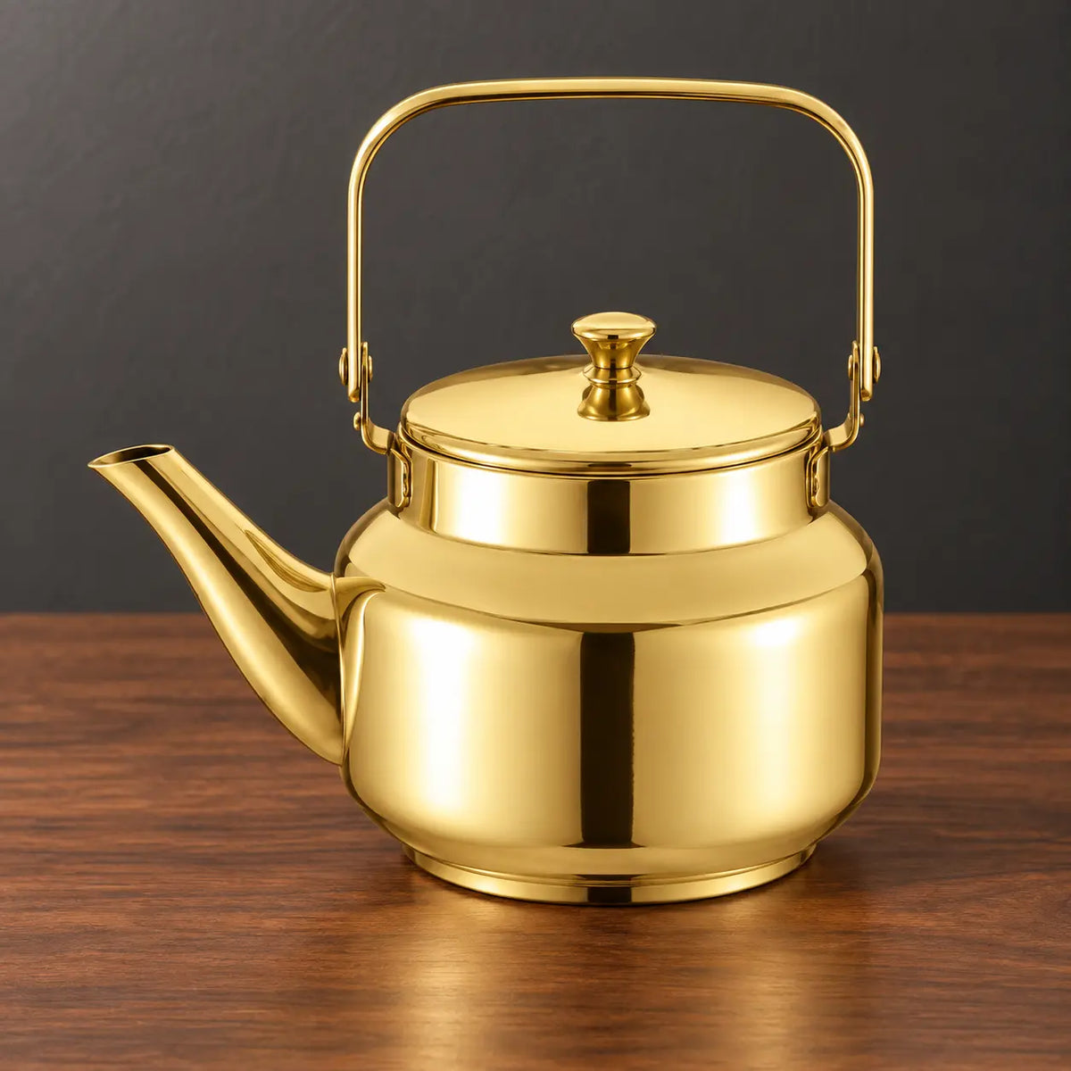 Gold Qingquan kettle with a squared metal swing handle, flat lid and left-facing spout