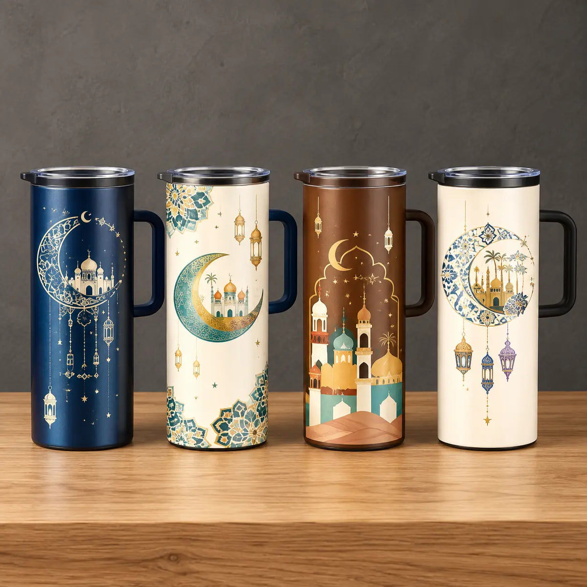 Four one-liter iron-shell thermos bottles with Ramadan-themed decorative prints, fitted lids, and side handles