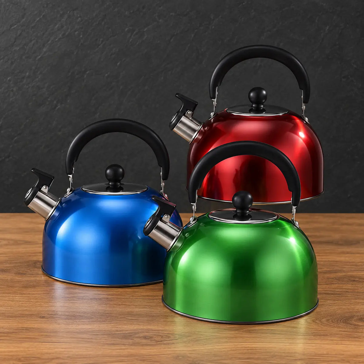 Three thick 3L whistling kettles in red, blue, and green with black arched handles and capped spouts