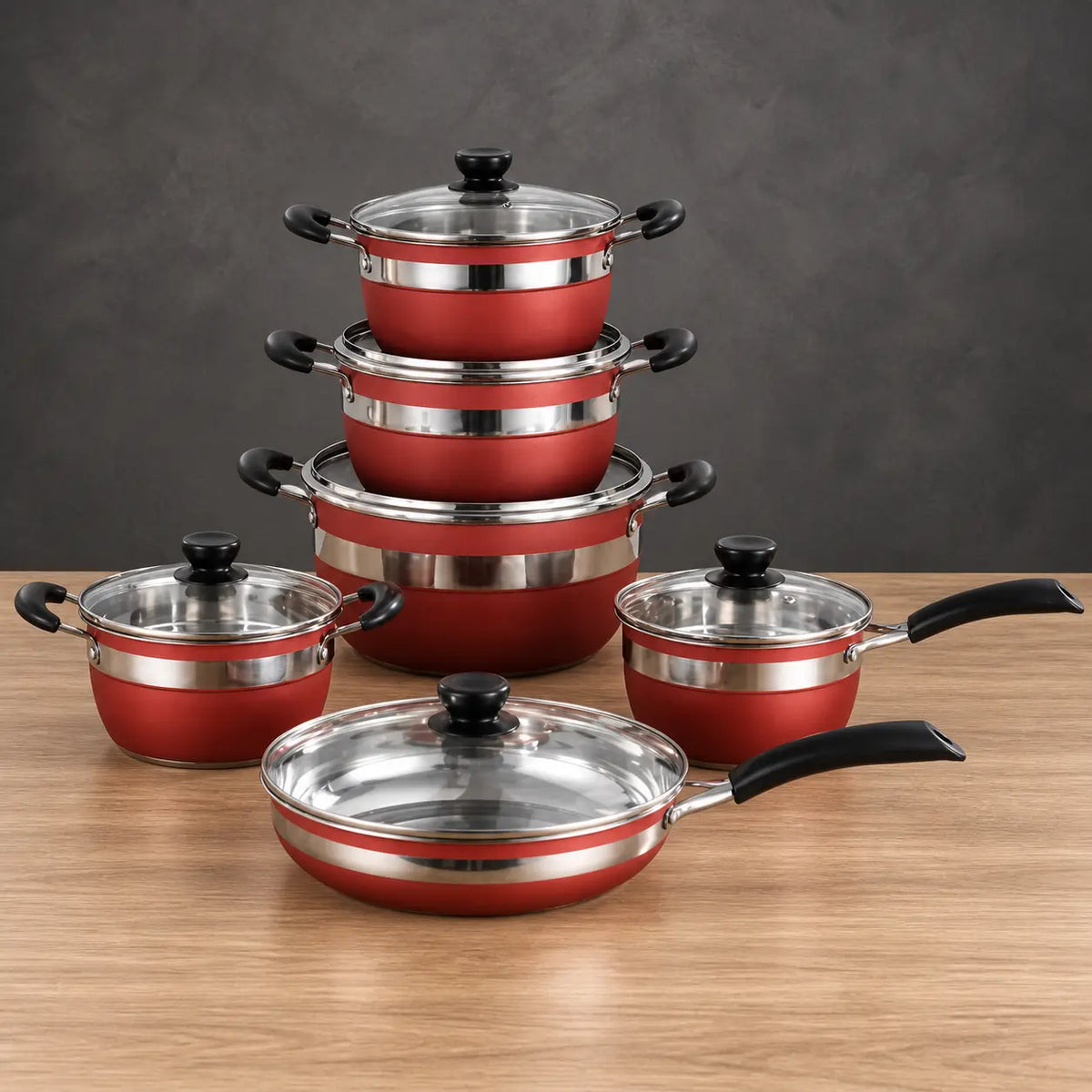 red 201 stainless steel cookware set with 26 cm pot and frying pan
