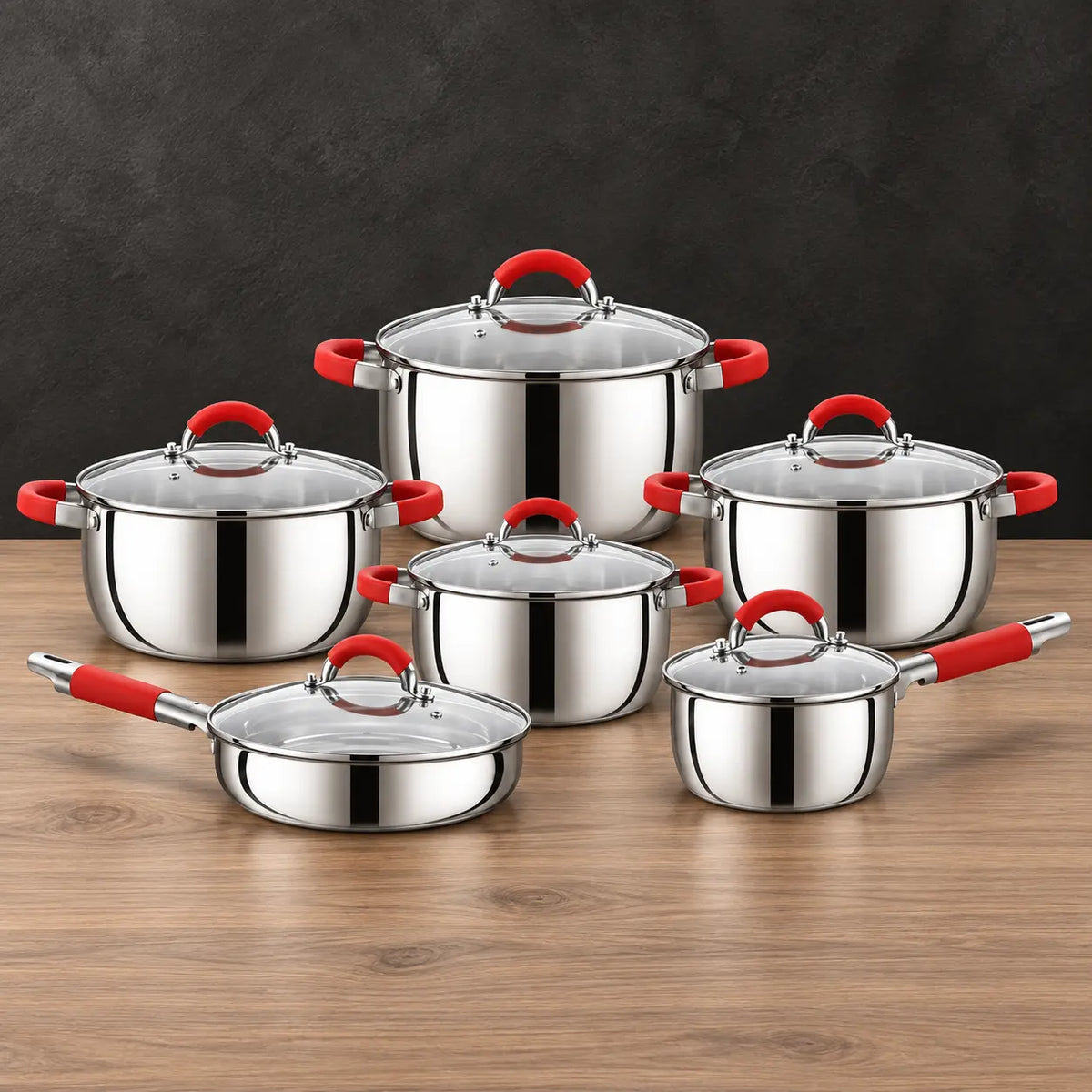 red-handle 201 stainless steel cookware set with glass lids and 24 cm frying pan