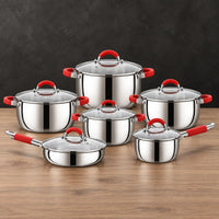 red-handle 201 stainless steel cookware set with glass lids and 24 cm frying pan