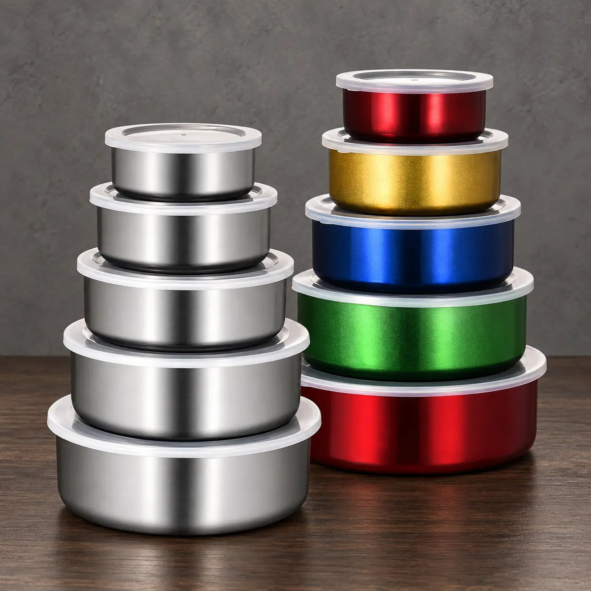 Silver and colorful round stainless steel food storage container sets with translucent lids