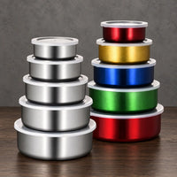 Silver and colorful round stainless steel food storage container sets with translucent lids