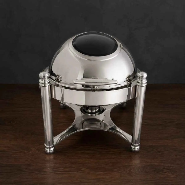 Round Silver Chafer with Roman-Column Frame and Viewing Window