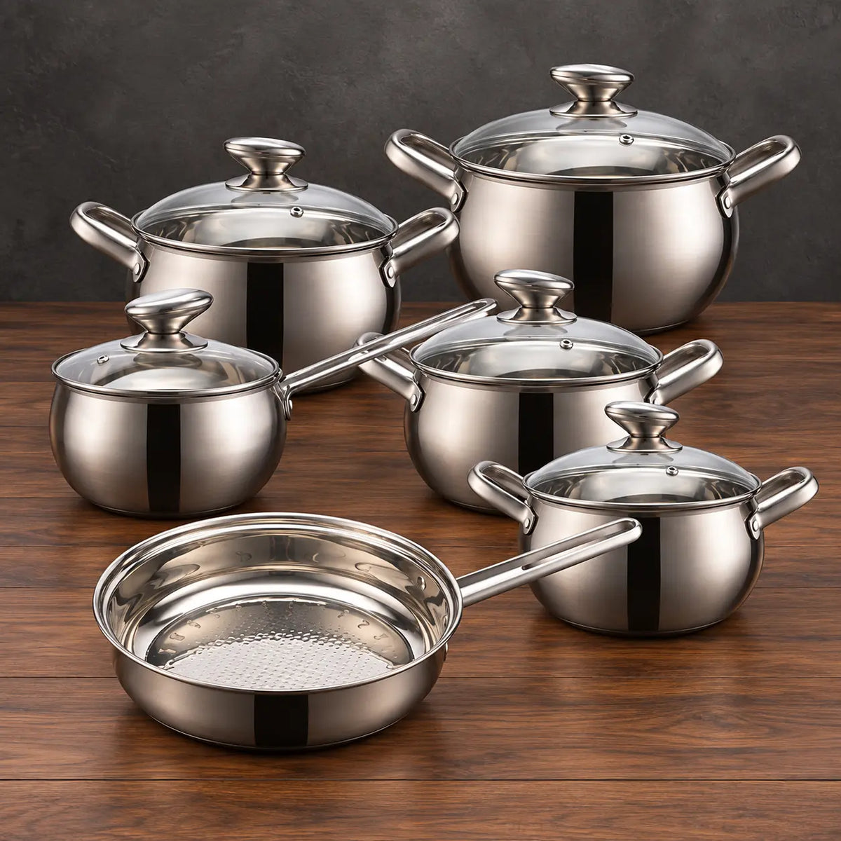 rounded 12-piece stainless steel cookware set with glass lids