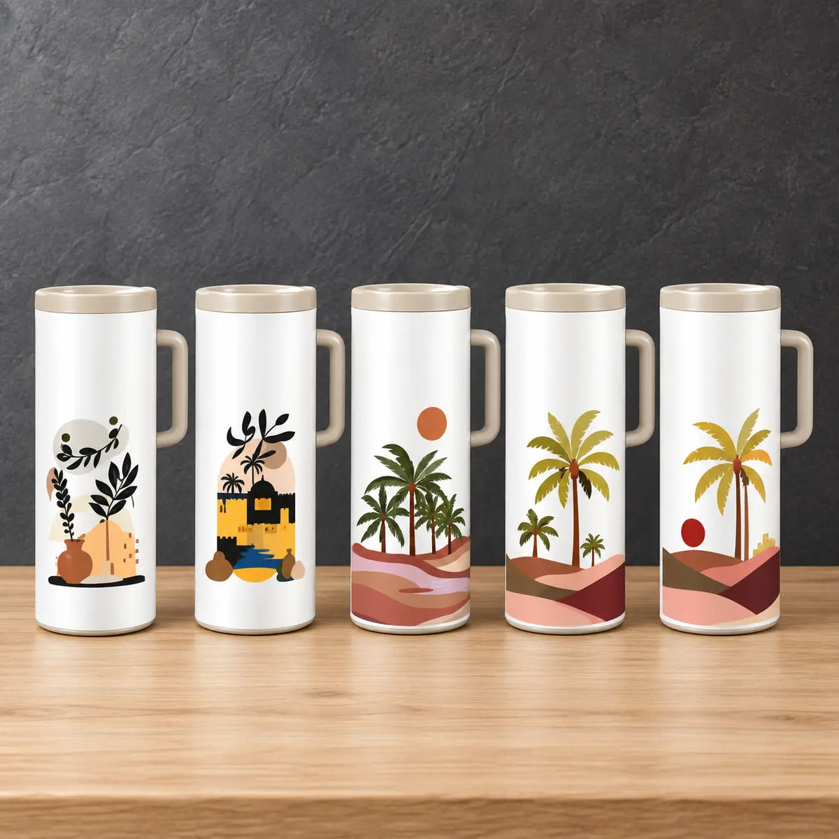 Four one-liter thermos bottles with scenic landscape and botanical prints, fitted lids, and side handles