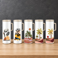 Four one-liter thermos bottles with scenic landscape and botanical prints, fitted lids, and side handles