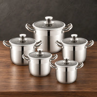 silver 201 stainless steel cookware set with glass lids and 18–26 cm pots