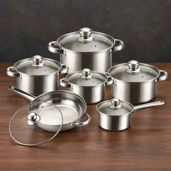 Silver 12-Piece 410 Magnetic Stainless Steel Cookware Set