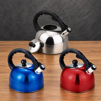 Silver, blue, and red Type B thickened 3L kettles with black arched handles and angled whistle spouts