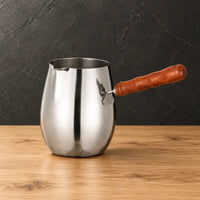 Silver drum-shaped stainless steel milk cups with wooden handles