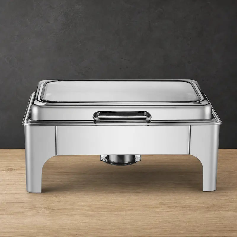 Silver High-Leg Rectangular Chafer with Soft-Close Viewing Lid