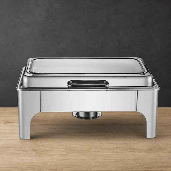 Silver High-Leg Rectangular Chafer with Soft-Close Viewing Lid